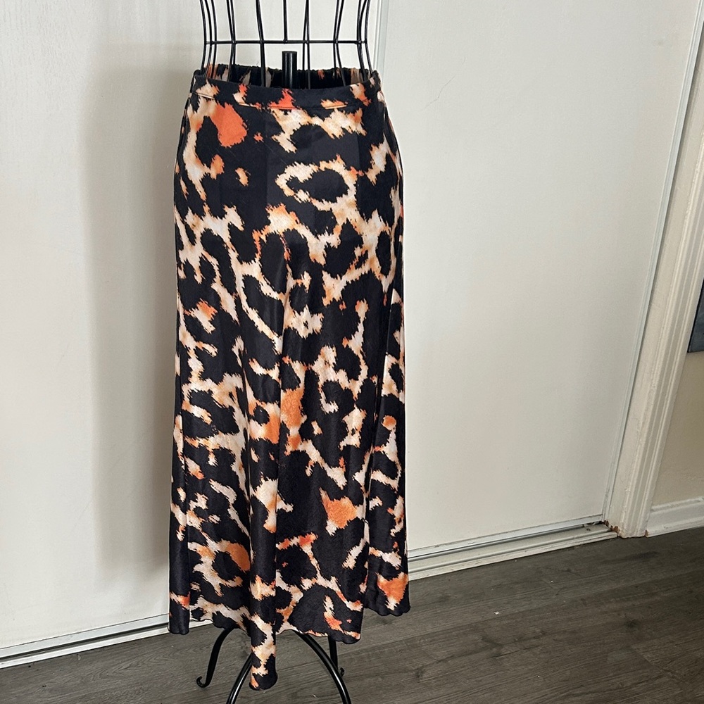 Free People Leopard Print Satin Maxi Skirt in Black and Orange Size XS